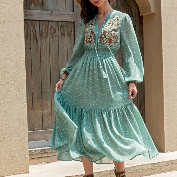 Boho Embroidered Floral Polka Dot Ruffle Dress - Picture 8 of 15